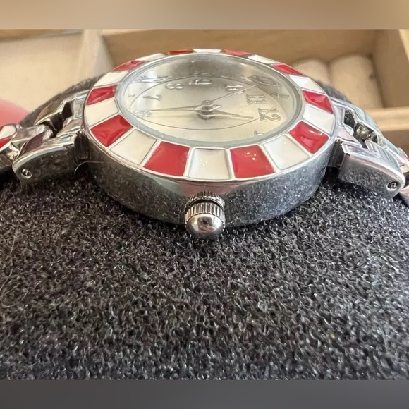 Womens Watch Christmas Candy Cane Silver Bracelet Red White Green Enamel Analog - Picture 3 of 9